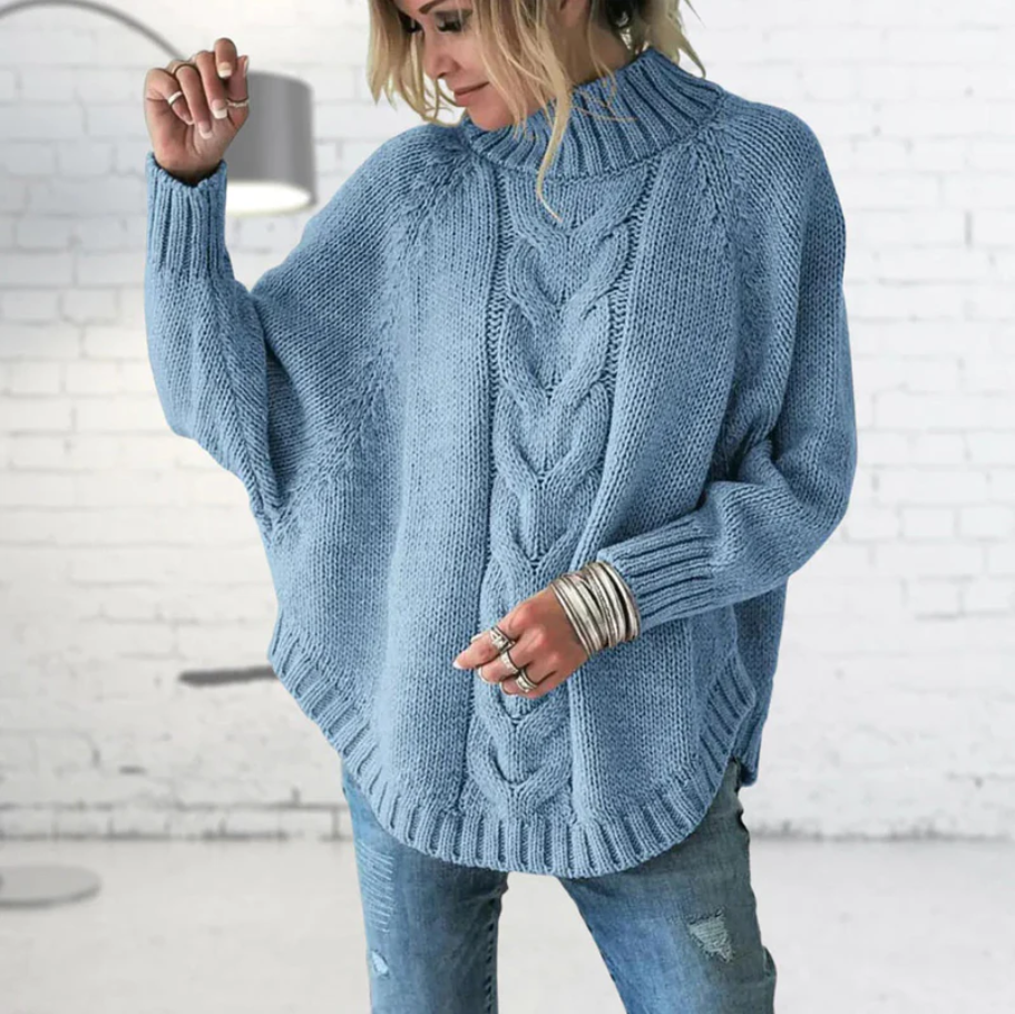 Cozy Fall Cable Knit Sweater for Women – High Neckline, Relaxed Fit, Dropped Shoulders, Ribbed Edges, Soft Knit Pullover for Layering