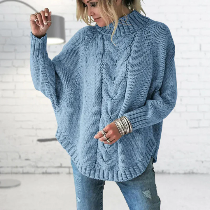 Cozy Fall Cable Knit Sweater for Women – High Neckline, Relaxed Fit, Dropped Shoulders, Ribbed Edges, Soft Knit Pullover for Layering