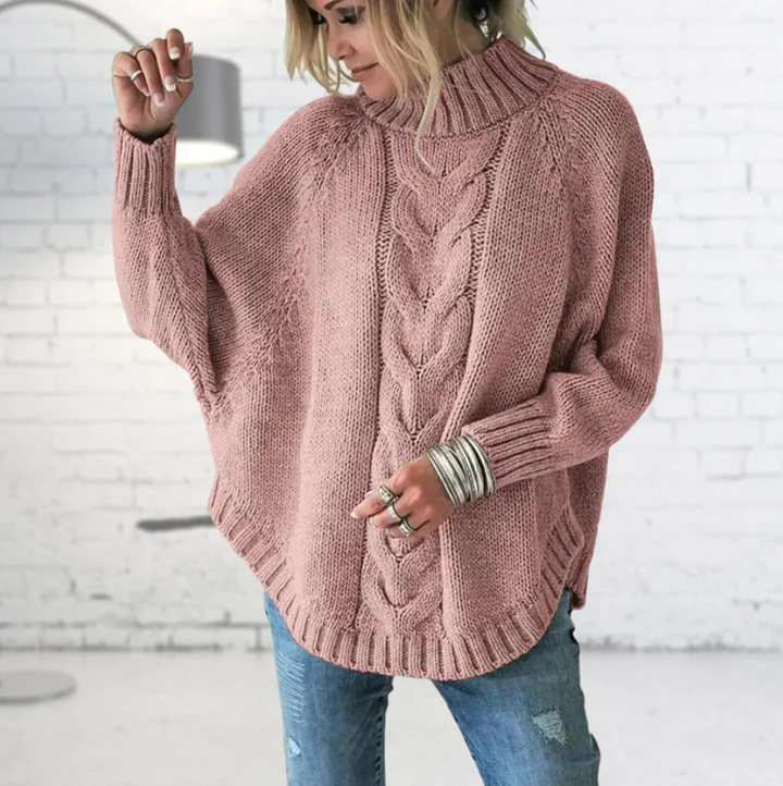 Cozy Fall Cable Knit Sweater for Women – High Neckline, Relaxed Fit, Dropped Shoulders, Ribbed Edges, Soft Knit Pullover for Layering