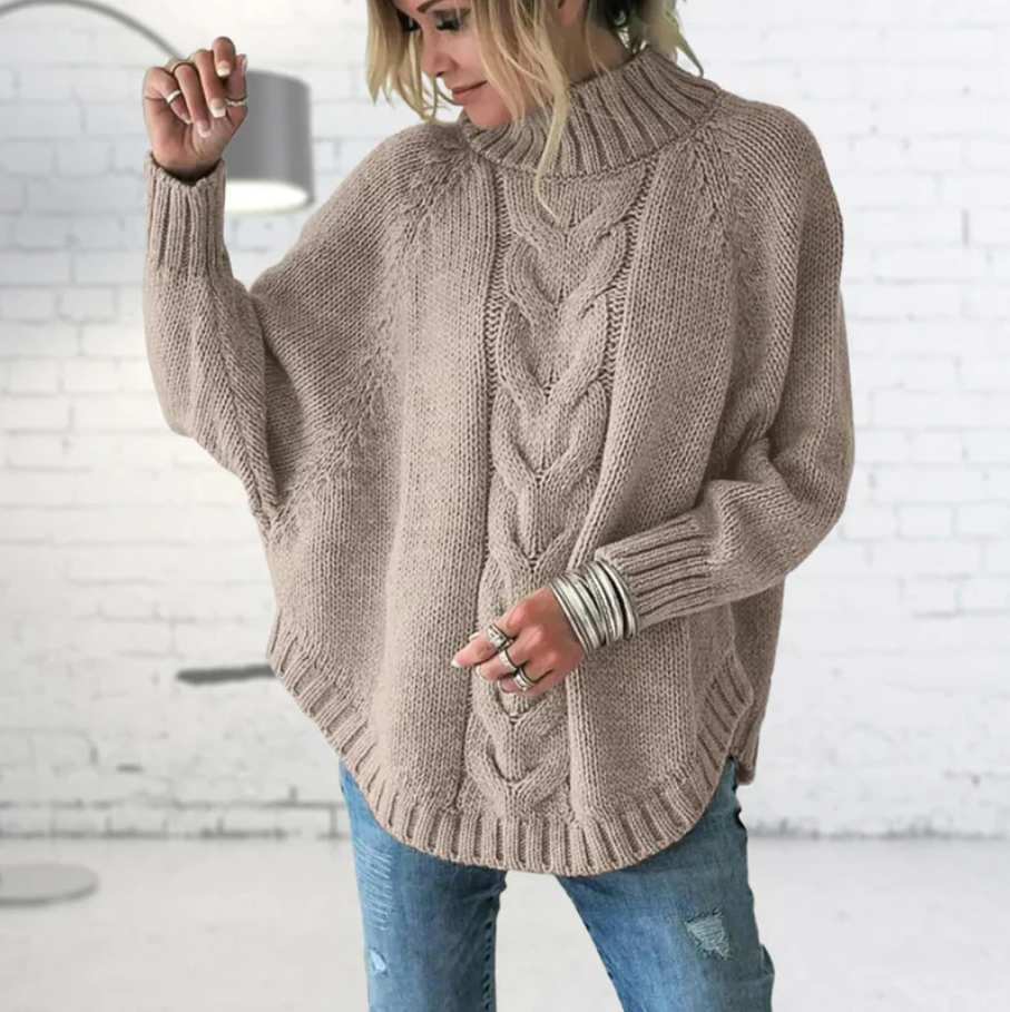 Cozy Fall Cable Knit Sweater for Women – High Neckline, Relaxed Fit, Dropped Shoulders, Ribbed Edges, Soft Knit Pullover for Layering
