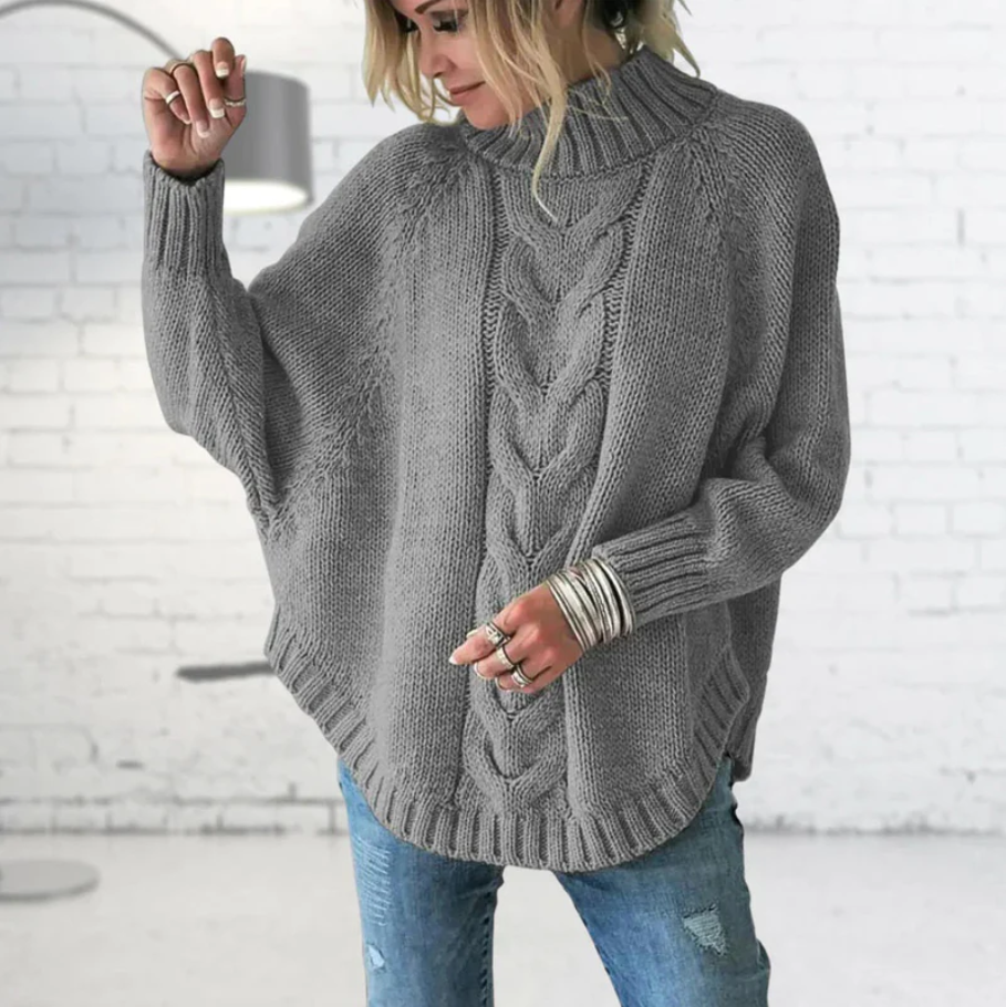 Cozy Fall Cable Knit Sweater for Women – High Neckline, Relaxed Fit, Dropped Shoulders, Ribbed Edges, Soft Knit Pullover for Layering