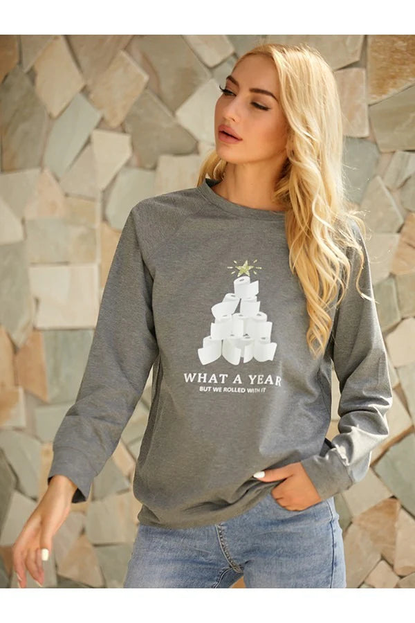 Fall Graphic Print Sweatshirt – Women’s Cozy Cotton-Blend Pullover with Crew Neck, Long Sleeves, Relaxed Fit, Seasonal Layering Top