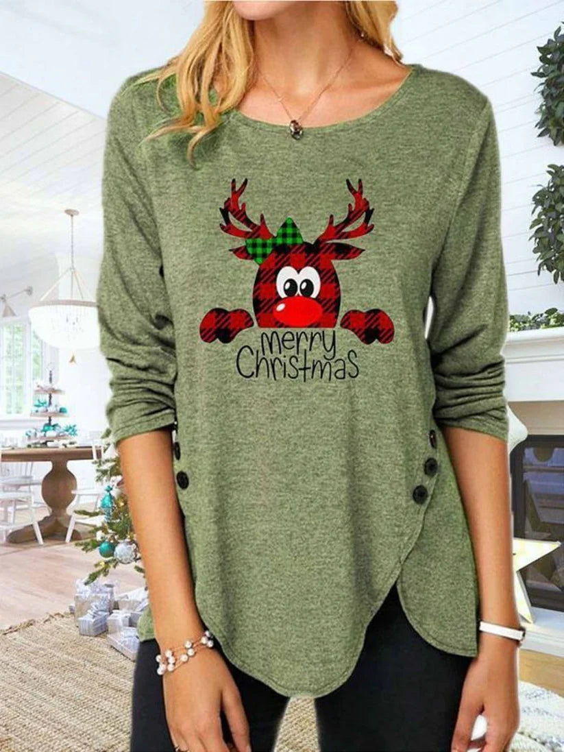 Christmas Reindeer Print Sweatshirt – Women’s Holiday Pullover with Plaid Reindeer Graphic, Side Button Accents, Layered Hem, Festive Long Sleeve Top