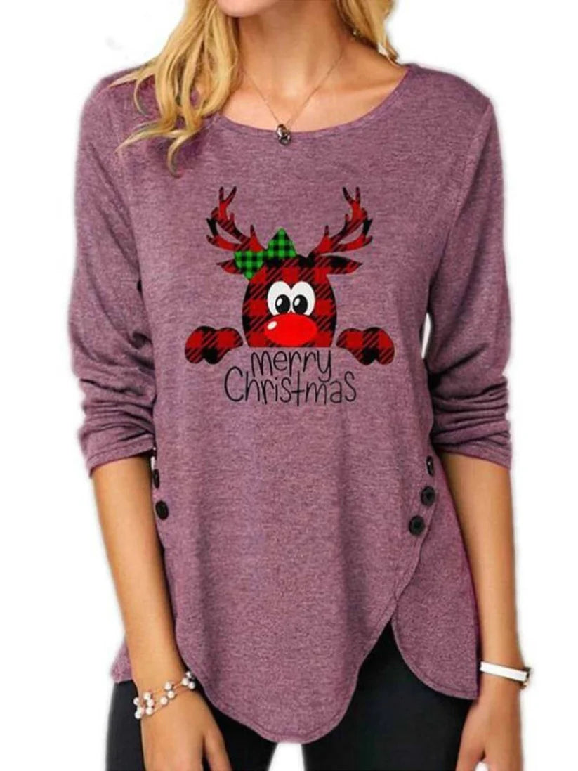 Christmas Reindeer Print Sweatshirt – Women’s Holiday Pullover with Plaid Reindeer Graphic, Side Button Accents, Layered Hem, Festive Long Sleeve Top