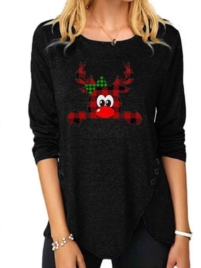 Christmas Reindeer Print Sweatshirt – Women’s Holiday Pullover with Plaid Reindeer Graphic, Side Button Accents, Layered Hem, Festive Long Sleeve Top