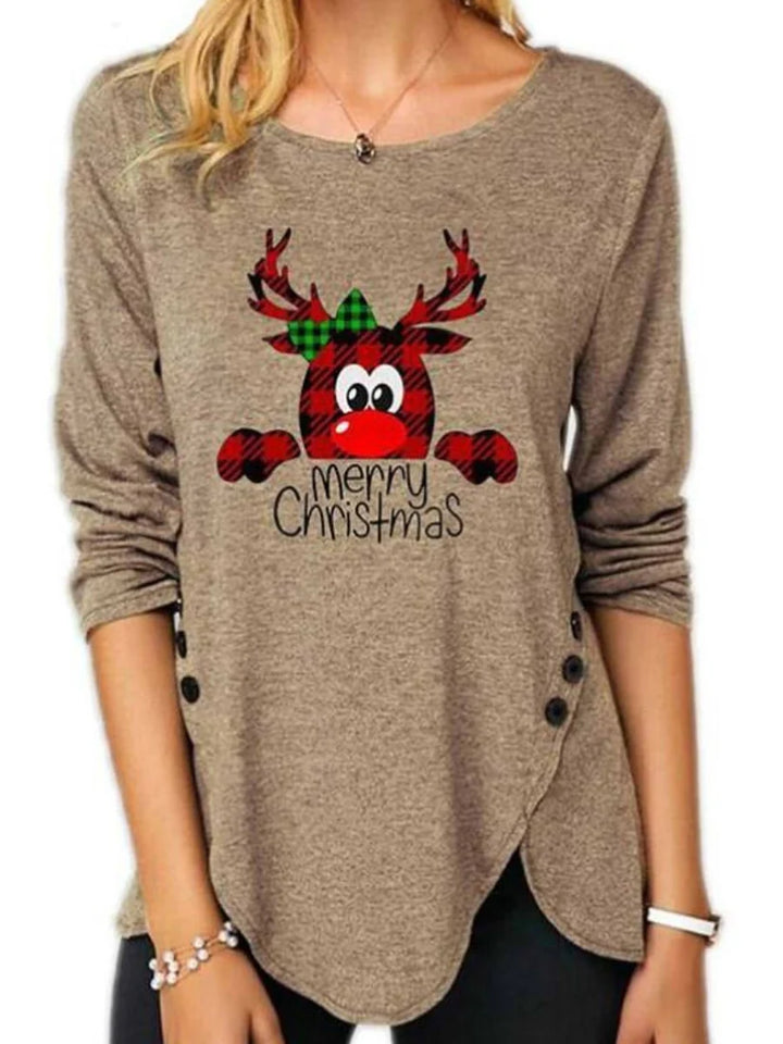 Christmas Reindeer Print Sweatshirt – Women’s Holiday Pullover with Plaid Reindeer Graphic, Side Button Accents, Layered Hem, Festive Long Sleeve Top